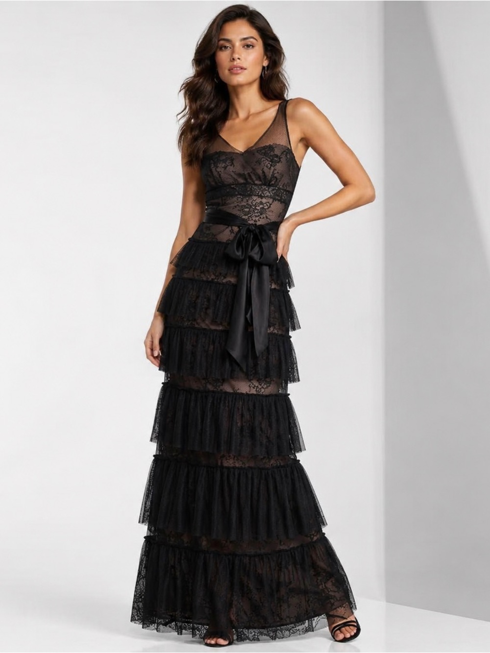BCBG Maxazria Formal Black Tiered Lace Evening Dress Sz 0 wedding $598 Y2K gown